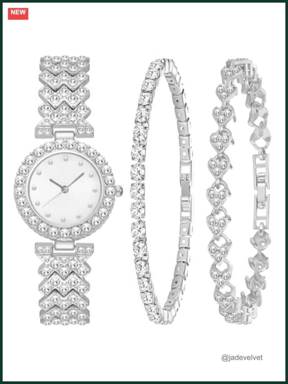 3 Piece Cubic Zirconia Watch and Bracelet Jewelry Set, Alloy, Wristwatch,